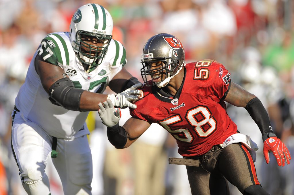 Quincy Black of the Tampa Bay Buccaneers against the New York Jets at Raymond James Stadium in Tampa, Florida on December 13, 2009.