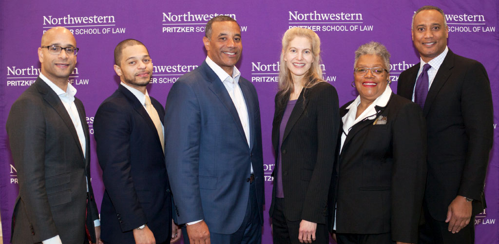 From left to right: Andrew M. Stroth (JD ’99), Wesley Morrissette (JD ’14), Jared Bartie(JD ’93), Dean Kim Yuracko, Rita Fry (JD ’79), and David Rone (JD ’87) at a Februarycelebration announcing the scholarship.