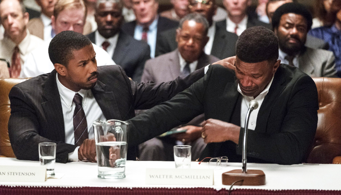 Michael B. Jordan as Bryan Stevenson and Jamie Foxx as Walter McMillian in Warner Bros. Pictures’ drama Just Mercy, a Warner Bros. Pictures release. Photo by Jake Giles Netter