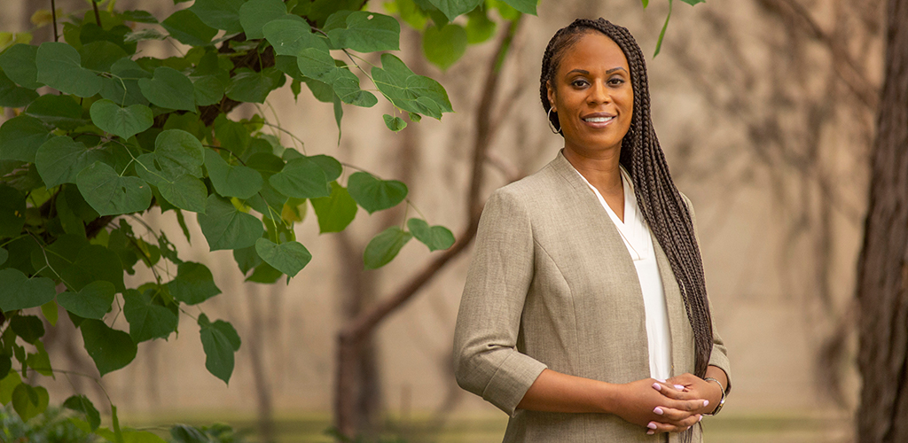 Professor Jamelia Morgan at the Law School courtyard