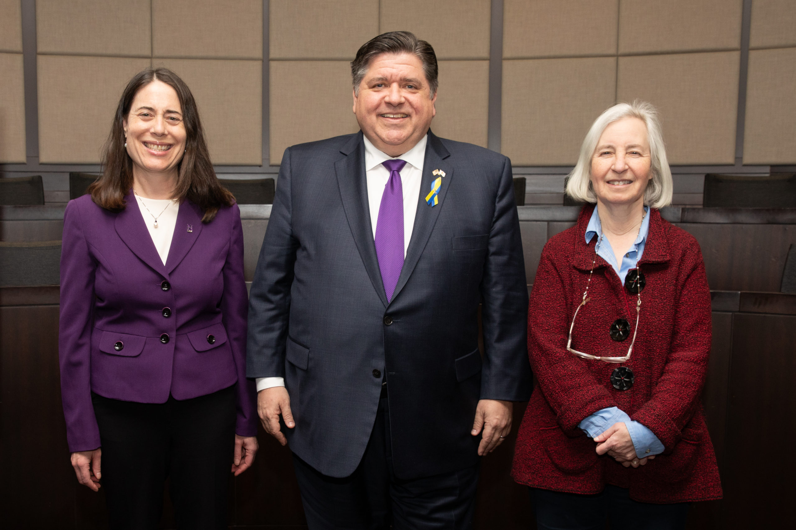 Dean Hari Osofsky, Illinois Governor J.B. Pritzker, and former dean of Harvard Law School Martha Minow at the Legal Services Corporation's 50th Anniversary Symposium