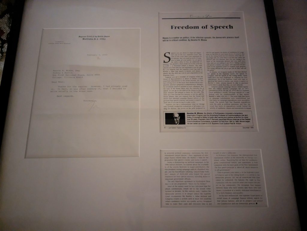 A frame of two documents, a letter from Justice John Paul Stevens to Newt Minow on the left and an opinion article by Minow on the right.