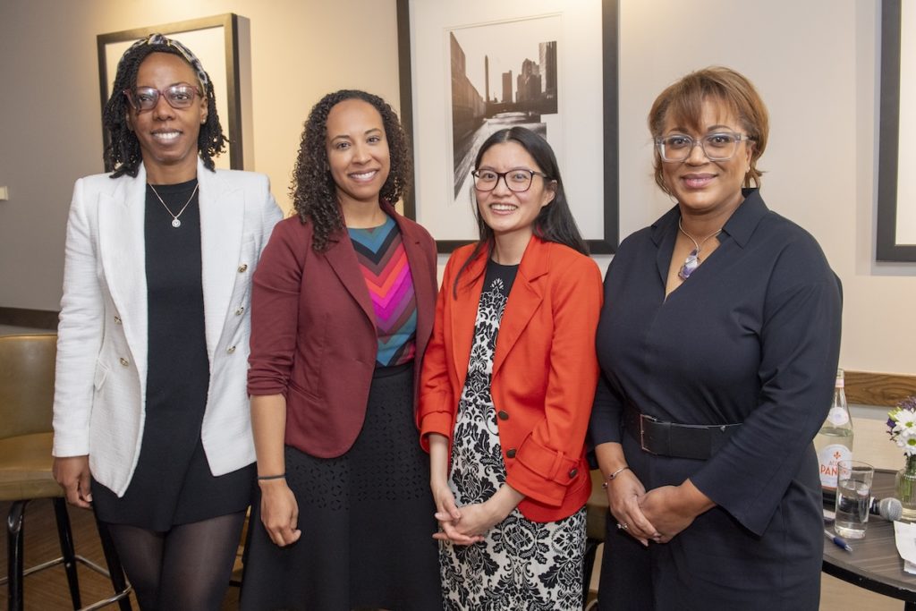 A photograph of panel moderator Anika Gray, Director of Northwestern Pritzker Law's Gender Equity Initiative, with panelists Kristen Jones (JD '09), Karin Lee (JD '14), and Michelle Speller-Thurman (JD '99). 