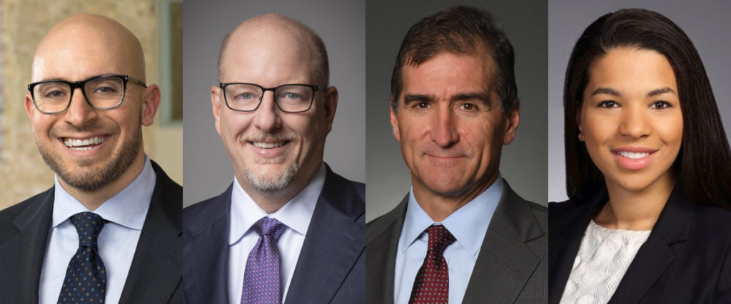 Headshots of Ismail (Ish) Alsheik (JD ’05), Robert M. Davis (MBA ’93; JD ’98), Brian Fahrney (JD ‘92), and Aisha P. Lavinier (JD ’13)