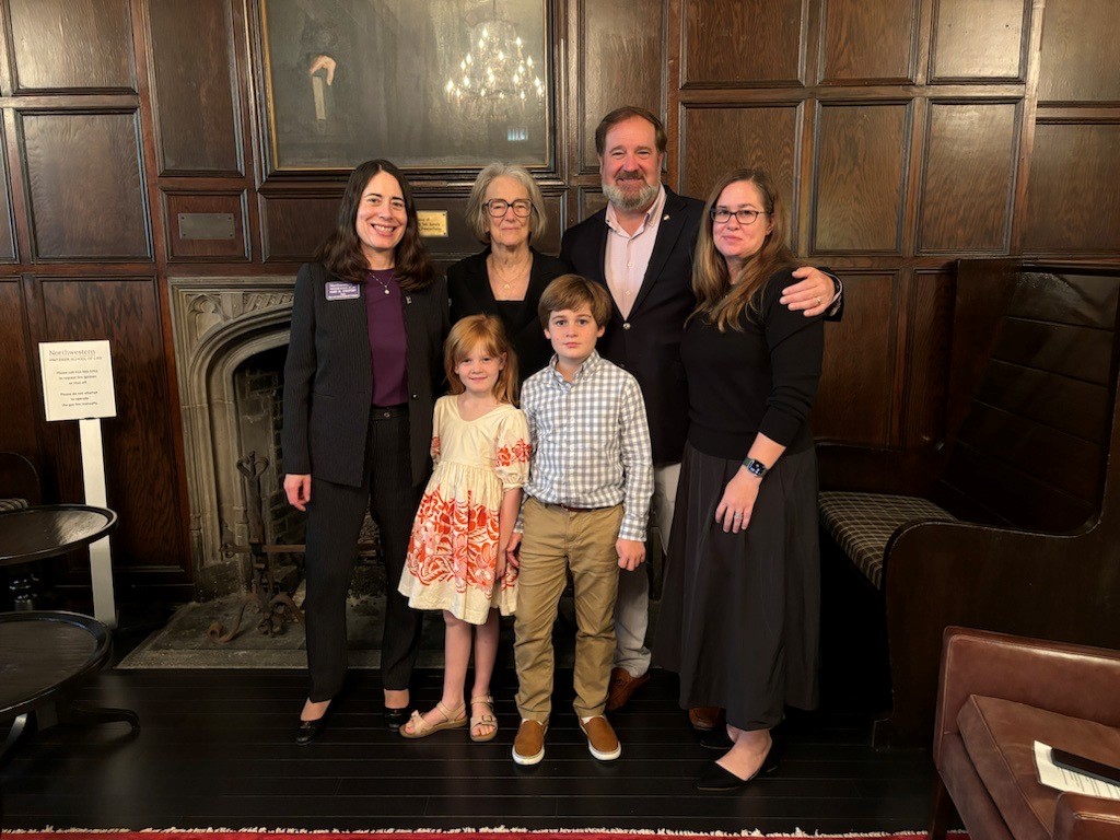 Northwestern University Pritzker School of Law Dean Hari Osofsky with Linda K. Smith and her family at the dedication of the Hortense Mayer Hirsch Quadrangle Garden