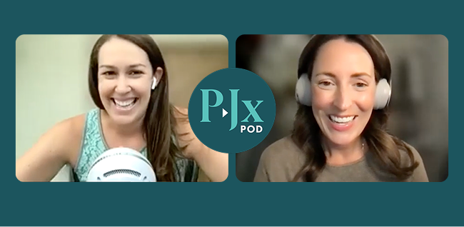 Two images of Allison Freedman (JD '14) and Hallie Ritzu (JD '14) recording an episode of their podcast, Personal Jurisdiction. The logo of the podcast is superimposed between the images.
