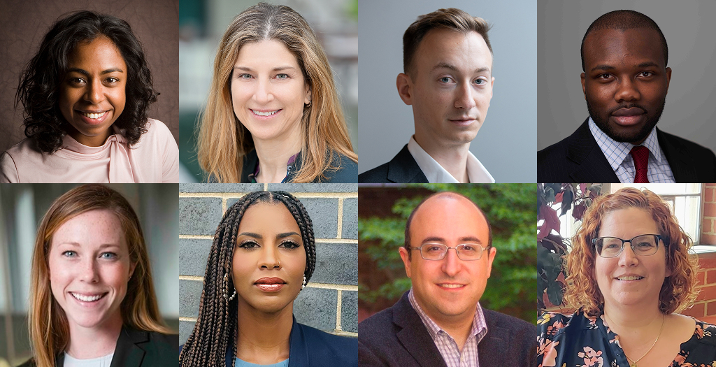 Headshots of faculty members Myriam Gilles, Jill Horwitz, Andrew McKinley, Chika Okafor, Anna Zaret, Danielle Hamilton, Jonathan Manes, and Joy Whitfield