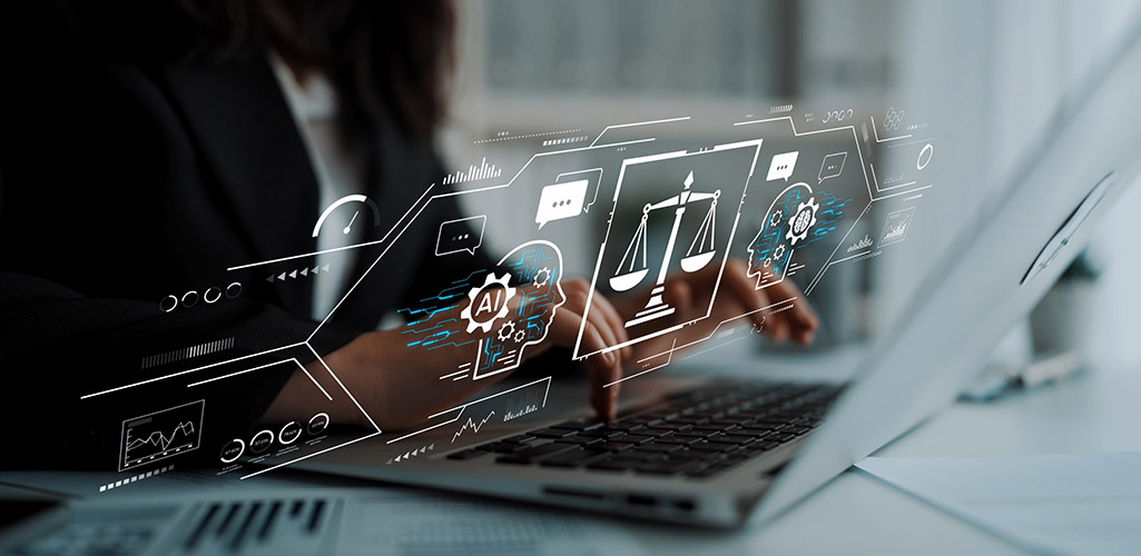 Business Professional Using Laptop with Digital Justice Symbols Representing Law Technology and Artificial Intelligence Concepts in Modern Office Setting. Entropy.
